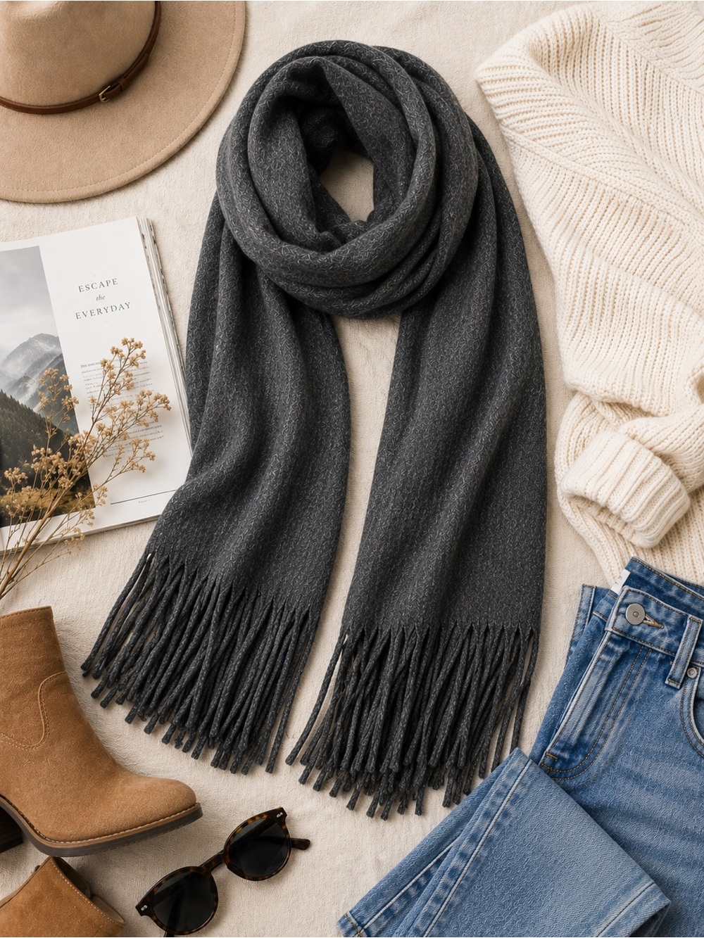 Lucky Brand | Gray Fringe Scarf Wrap Oversized Soft Cozy Winter | One Size - Picture 2 of 6